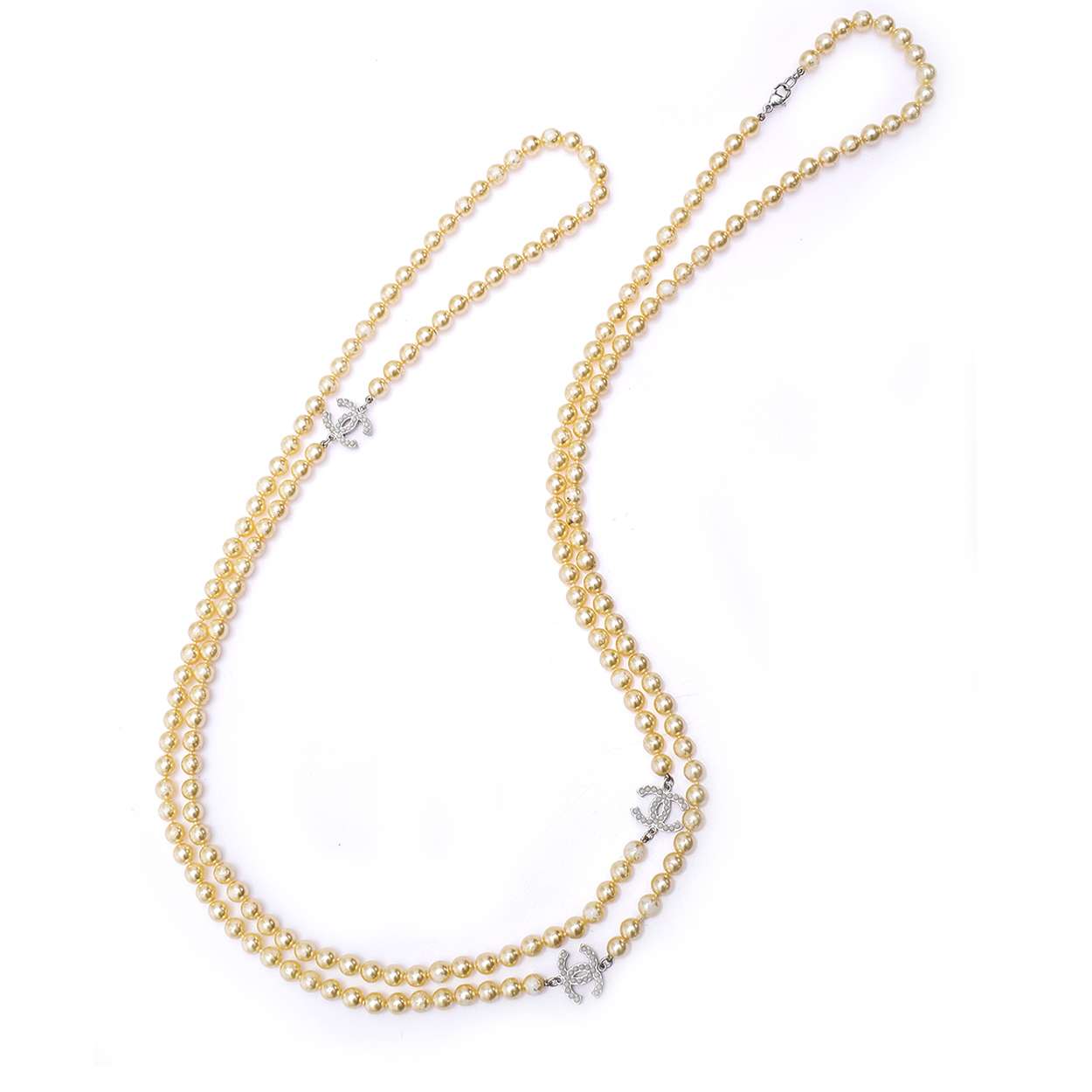 Chanel - 3 Silver Pearl Encrusted Cc Extra Long Pearl Necklace 